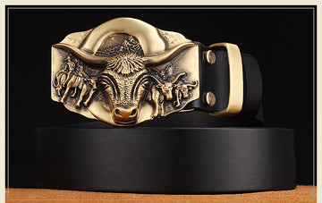 Leather Belt With Copper Bull Buckle