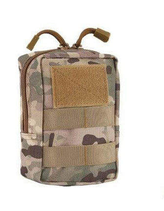 A small pouch crafted from camouflage fabric, showcasing a blend of green and brown patterns for outdoor use.