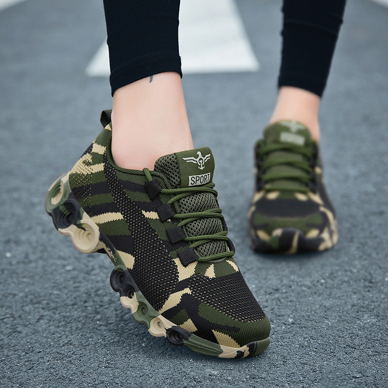 Lightweight camouflage sneakers with a mesh upper, flexible sole.