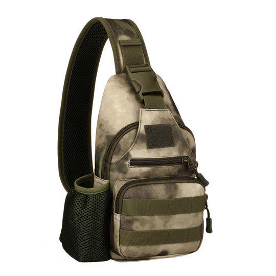 A camouflage sling bag featuring a mesh pocket.