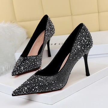 Thin Heel Pointed-toe Silk Diamond Stilletos