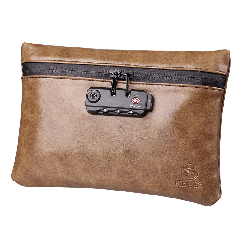 Brown deodorant clutch bag with lock system