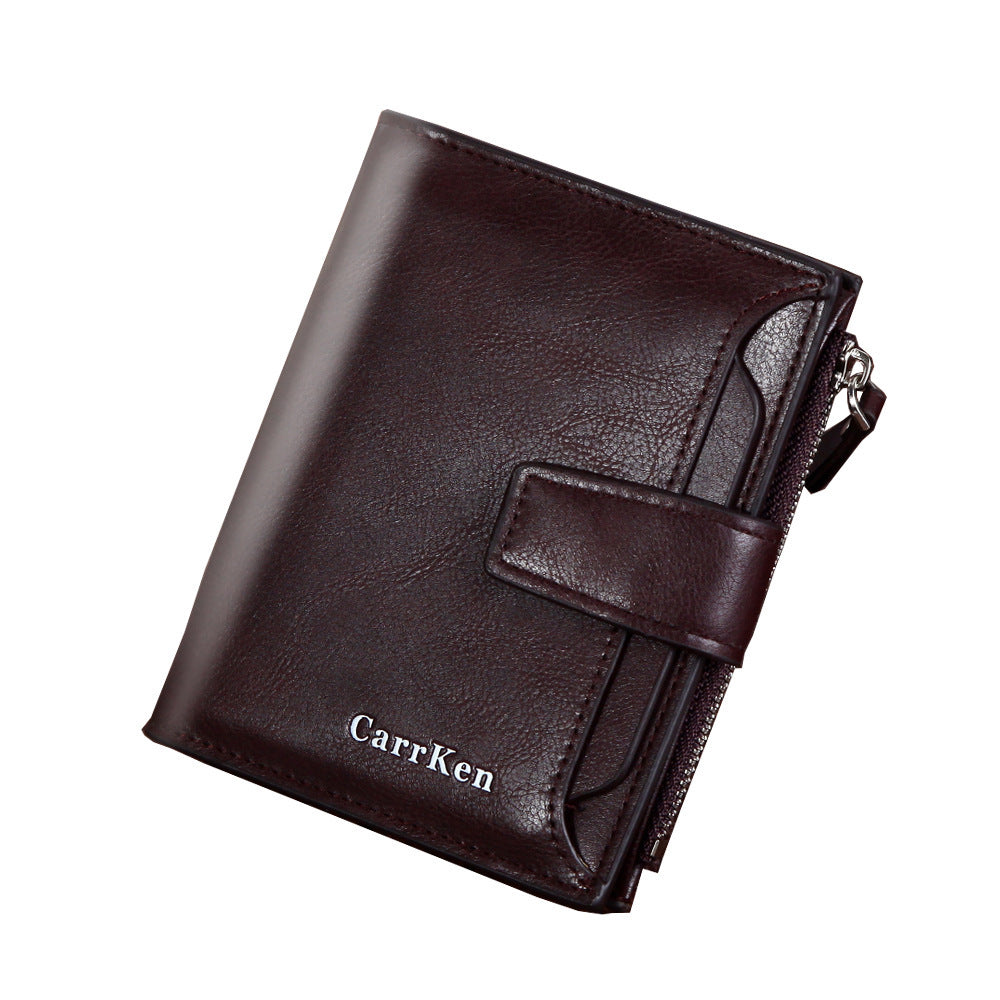 A Dark brown leather wallet featuring a coin holder