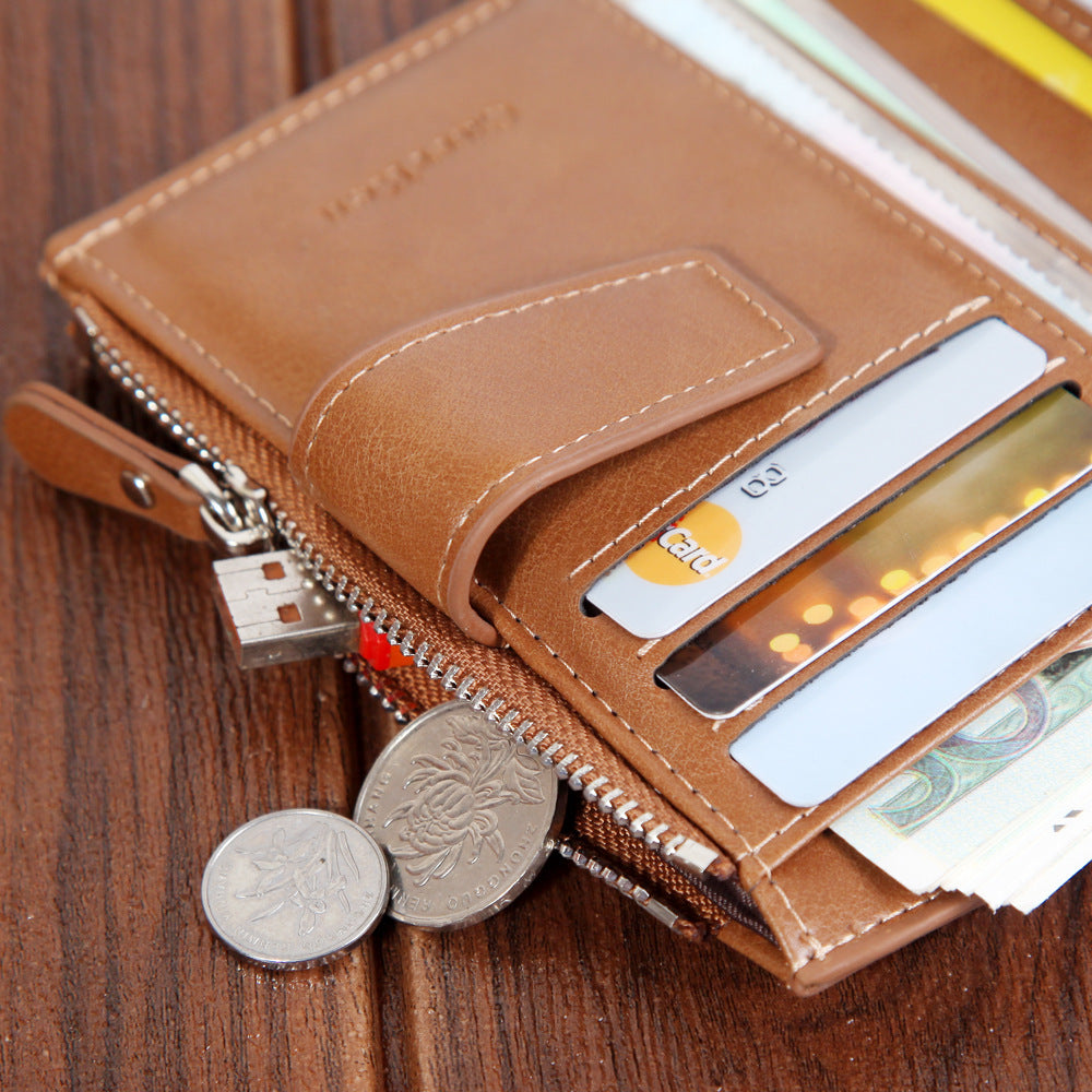 A wallet open on a wooden table, displaying coins and credit cards inside, showcasing its contents neatly arranged.