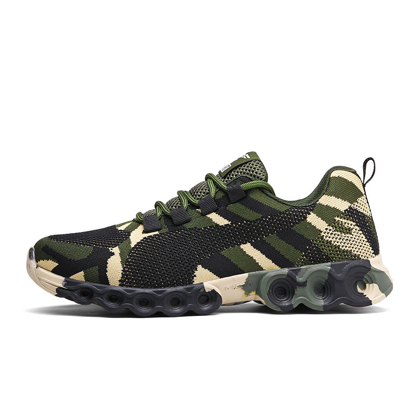 Lightweight camouflage sneakers with a mesh upper, flexible sole, and supportive design, ideal for hiking, running, or casual wear.