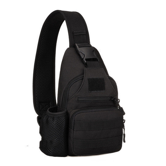 A Black sling bag featuring a shoulder strap and a convenient pocket.