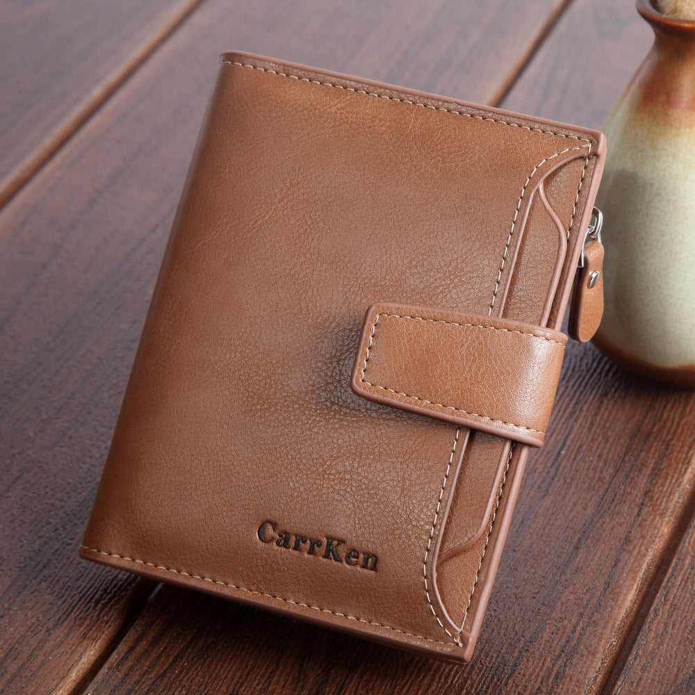 A brown leather wallet featuring a coin holder