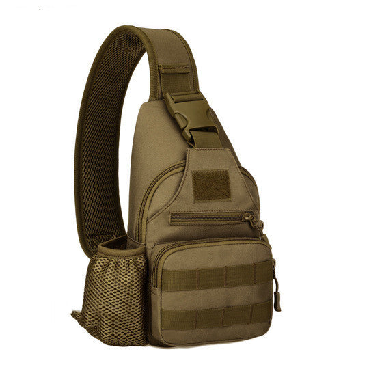 A military sling bag crafted from durable nylon, featuring a convenient mesh pocket.