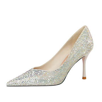 Thin Heel Pointed-toe Silk Diamond Stilletos