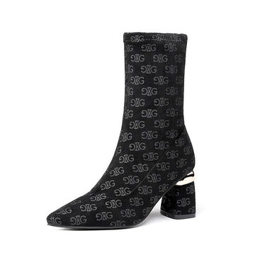 Stretch Knitted Chunky Heel Mid Tube High Heel Elastic Slip-on Martin Boots