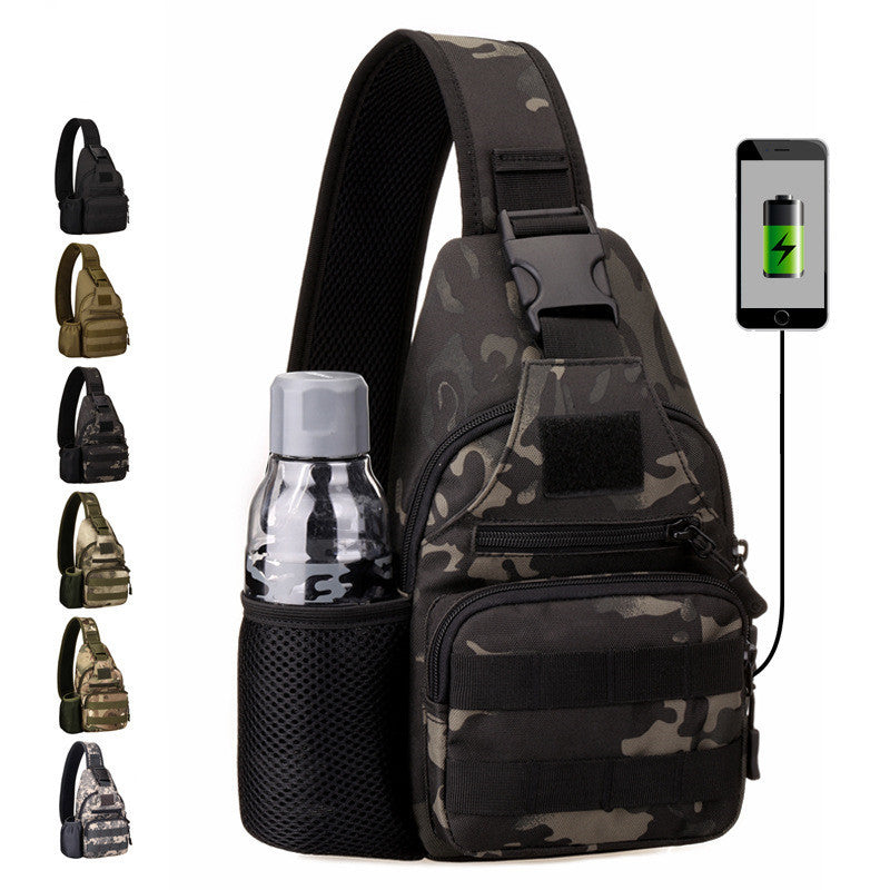 A backpack with a phone charging station