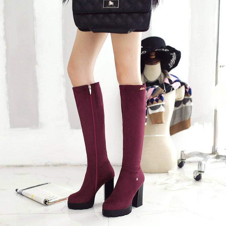 Round Toe Chunky Heel Side Zipper Suede Martin Boots