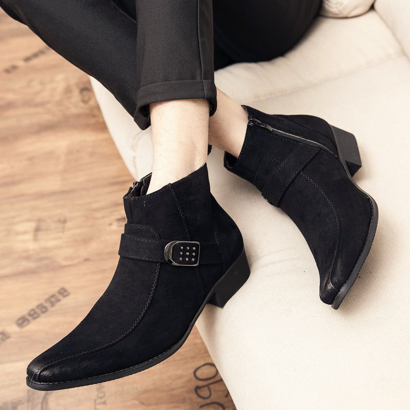 Black Buckle Ankle Leather Boots