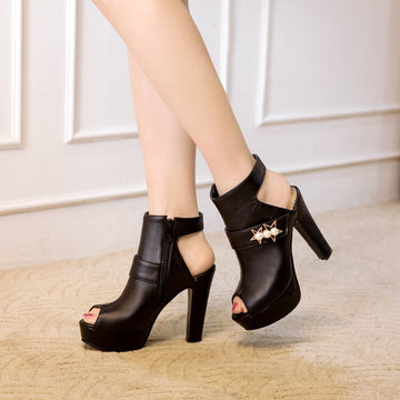 Open-toed Chunky High Heel Side Zipper Leather Shoes