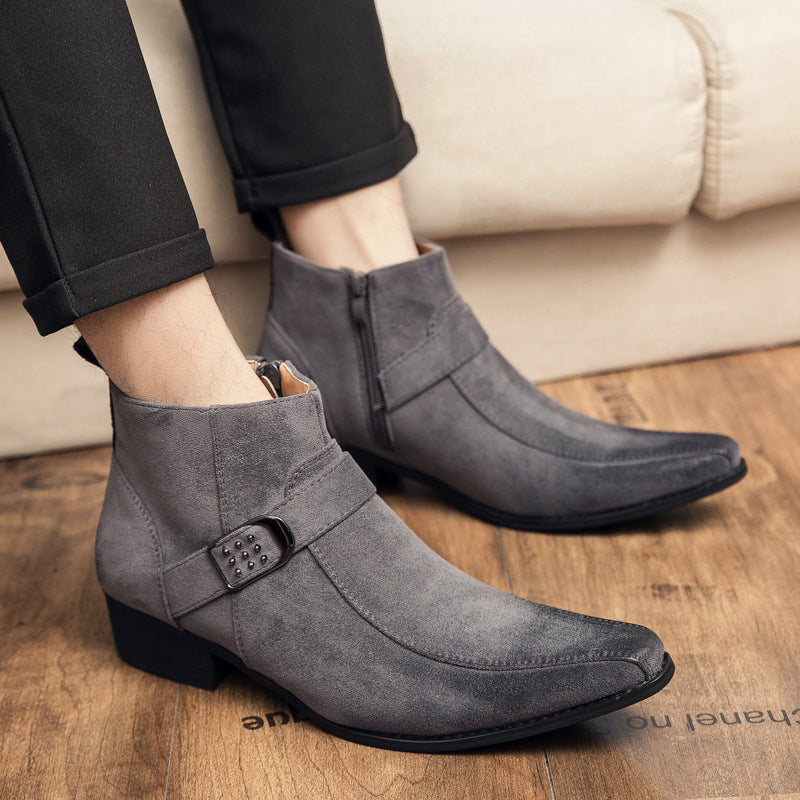 Gray Buckle Ankle Leather Boots