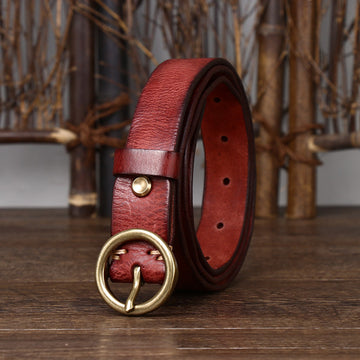 Fashion Leather Belt With Round Brass Buckle
