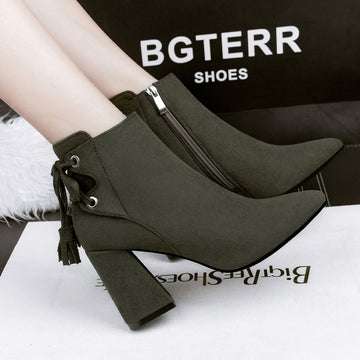 Pointed-toe Bow Lace-up Suede Boots