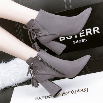 Pointed-toe Bow Lace-up Suede Boots