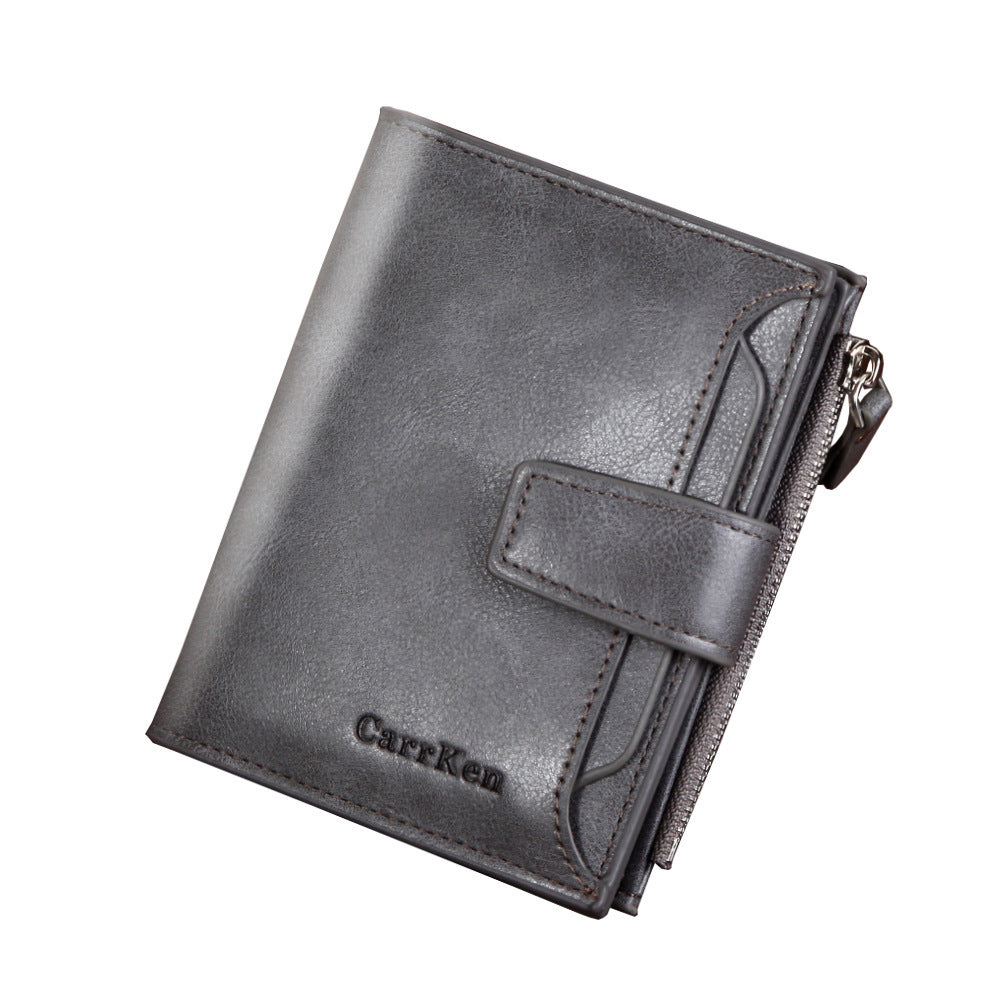 A Gray leather wallet featuring a coin holder