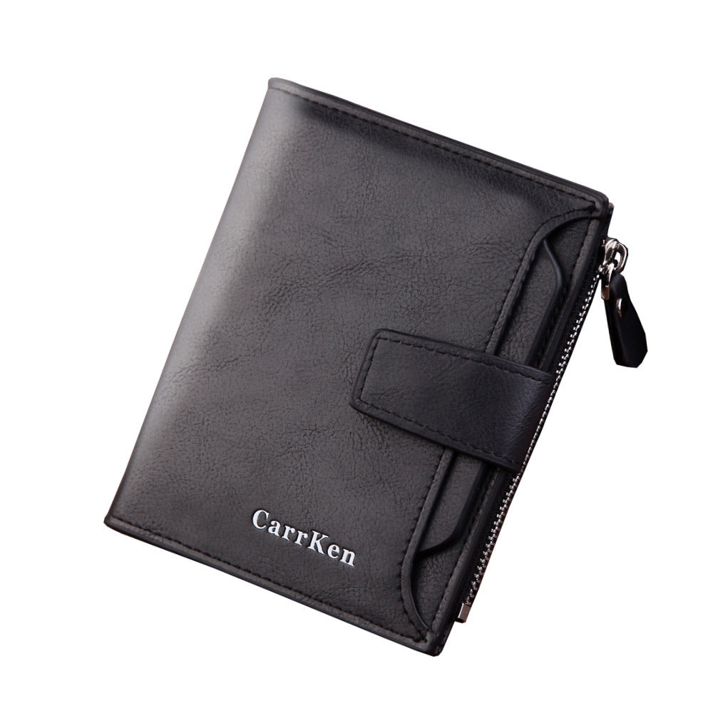 A black leather wallet featuring a coin holder