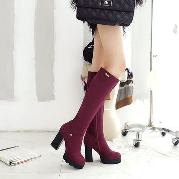 Round Toe Chunky Heel Side Zipper Suede Martin Boots